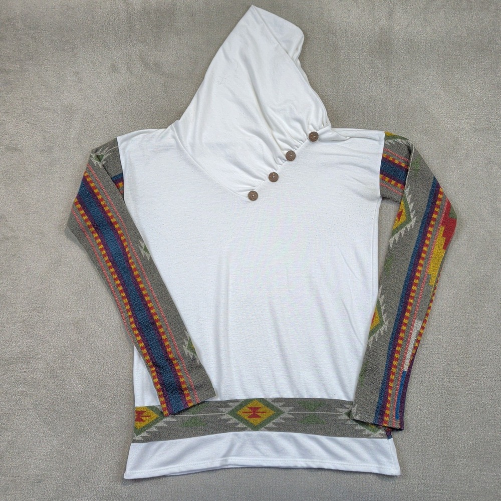 Vintage Mon Ami Hoodie Womens Medium White Southwestern Print Cowl Neck USA Made